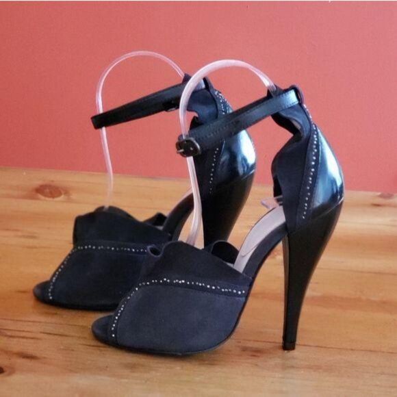 Rebecca Taylor Leather Suede Ankle Strap Peep Toe Embellished Shoes Heels Size 6 - Picture 1 of 6